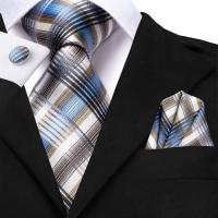 Blue Brown Plaid Silk Wedding Tie For Men Gift Mens Necktie Handky Cufflink Set Fashion Business Party Dropship Hi-Tie Designer Ties