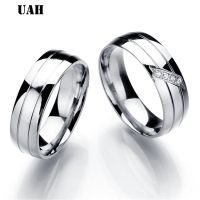 UAH Simple Couple Titanium Steel Wedding Zirconia Rings Women Mens Jewelry Anniversary Marriage Best Fashion Gift