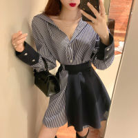 Joinyouth 2020 Spring Women Two Pieces Sets Stripe Long Sleeve Blouse Dress + Lace Up Mini Skirt Korean Fashion 2PCS Suit 58036