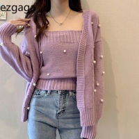 Ezgaga Two Piece Set Women Loose Long Sleeve Knitted Cardigan and Camisole Tender Pearl Purple Fashion Sweater 2 Piece Outfits
