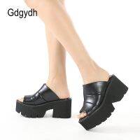 Gdgydh Big Size 43 Open Head Block Heel Chunky Platform Slippers Women Summer Shoes Mules Slingback Muffin Bottom Black Leather
