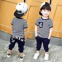 COD SDFGERTERTEEE 2Pcs Kids Boys Navy Wind Striped Set Baby Cotton T-shirt Pants Sportswear Suit