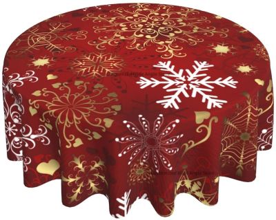 Merry Christmas Round Tablecloth 60 Inch Winter Gold White Snowflake Decorative Round Table Cloth with Dust-Proof Wrinkle