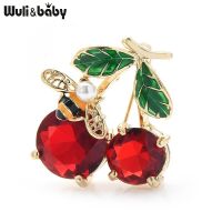 Wuli&amp;baby Red Crystal Cherry Brooches For Women Classic Enamel Fruits Weddings Casual Office Brooch Pins Gifts