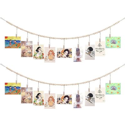 Wall Hanging Photo Display With Wooden Beads Garland Boho Clips Picture Card Frame Hanging Rack For Rope Home Wall Decor Craft