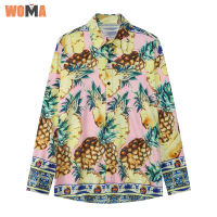 WOMA เสื้อคอปกเสื้อลำลองสไตล์หลวมแขนยาวพิมพ์สำหรับผู้ชายเสื้อ Unisex หล่อเสื้อปกพิมพ์ลายสับปะรด