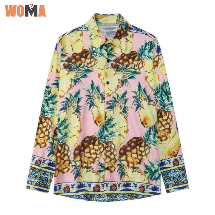 woma-เสื้อคอปกเสื้อลำลองสไตล์หลวมแขนยาวพิมพ์สำหรับผู้ชายเสื้อ-unisex-หล่อเสื้อปกพิมพ์ลายสับปะรด