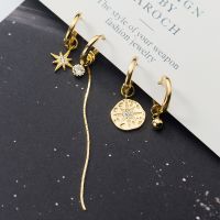 【DT】hot！ VENTFILLE 925 Sterling Tassel Asymmetric Hoop Earrings for Round Disc Gold CZ Wedding Star Jewelry