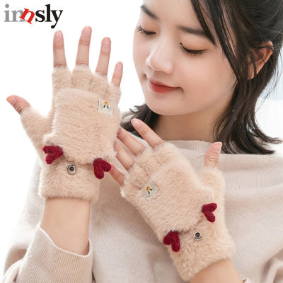 Winter Women Flip Cover Half Finger Gloves Keep Warm Mink Fur Cute Christmas Deer Fingerless Female Gloves