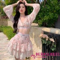 Demonlores-Women 2Pcs Summer Outfits, Long Sleeve Deep V Neck Floral Crop Tops + Mini Skirt Set