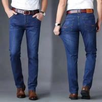 2023กางเกงยืดหยุ่นกางเกงยีนส์ตรงผู้ชายใหม่เสื้อผ้าลำลอง M กางเกงลำลองเอวสีฟ้าสีดำขนาด38