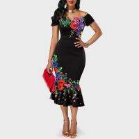 2021Evening Party Dinner Elegant Dresses Women Black Flower Print Slash Neck Mermaid Sheath Office Work Fashion Robe Midi Dresses