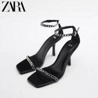 Zara ใหม่ รองเท้าส้นสูง เปิดนิ้วเท้า แต่งสายโซ่ สีดํา แฟชั่นฤดูใบไม้ผลิ และฤดูร้อน สําหรับผู้หญิง 2023