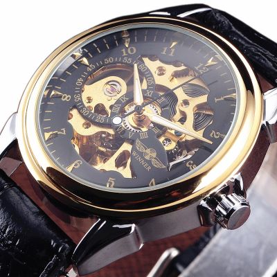 New WINNER Watch Top Luxury Men Dress Mechanical Wristwatch Gold Case Carving Leather Strap Skeleton Automatic Military Watches