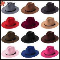 HUAN ผู้ชายผู้หญิง ฤดูใบไม้ร่วงฤดูหนาว พร้อมหัวเข็มขัด หมวก Fedora สักหลาด Outback Hat หมวกแจ๊สปานามา หมวกคาวบอย