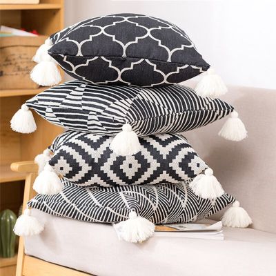 Thicker Cotton Linen Jacquard Geometric Cushion Cover Tassels Home Decorative Pillowcase 30x50/45x45/50x50cm Living Pendant Tassles for Sofa Bed Home Decorative