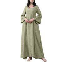 ❇㍿✤ Hijabista Muslim Wear Women Loose Square Neck Long Flared Sleeve Vintage Maxi Dress