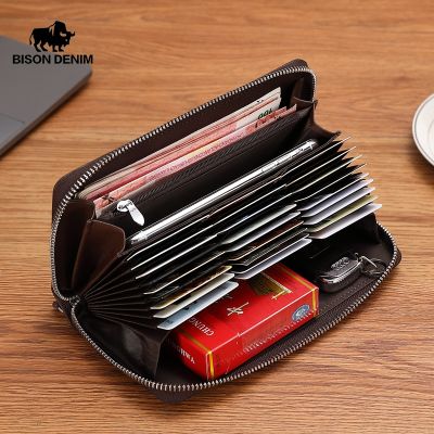 （Layor wallet） กระทิงยีนส์กระเป๋าสตางค์หนังแท้ผู้ชายซิปกระเป๋าเงินเหรียญกระเป๋ายาวชายหนังสือเดินทางปก RFID ปิดกั้นผู้ถือบัตรกระเป๋าสตางค์ W8226