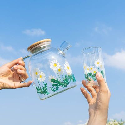 [ใหม่2023] Cutelife Nordic Daisy กระจกโปร่งแสงกระบอกน้ำห้องครัวน่ารักน้ำเครื่องดื่มนมขวดมีฝา Reusable Drinkware ขวด