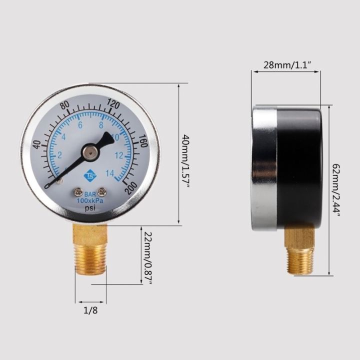เครื่องวัดความดันขนาดกะทัดรัด0-200psi-0-14bar-เครื่องวัดความดันน้ำ-dial-meter-1-8-npt-สำหรับ-bar-psi-การวัดสแตนเลส
