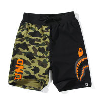 Bape Shark Head Joint Colorblock Shorts พิมพ์ผ้าฝ้ายกางเกงขาสั้นหลวมสบายๆ