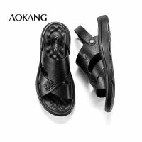 【Ready】? Aokang summer sandals mens genuine leather soft bottom driving sandals dual-use outer wear non-slip wear-resistant casual beach slippers