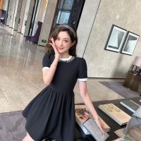 [FREE SHIPPING]MIU Vintage Ballet Style Contrast Collar Edge Label Sleeve Letter Stitching Diamond Decorative Round Neck Short Sleeve Dress