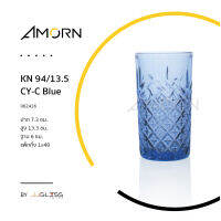 AMORN - KN 94/13.5 CY-C Blue - แก้วน้ำ แฮนด์เมด ทรงกระบอก ลายเจียระไน สีน้ำเงิน ลาย C