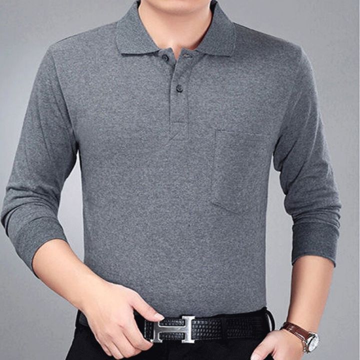 เสื้อโปโลของผู้ชาย-mode-korea-ผ้าฝ้ายขนาดใหญ่มีกระเป๋าใส่ลำลองสำหรับฤดูใบไม้ร่วงฤดูหนาว-pullovers-เสื้อยืด