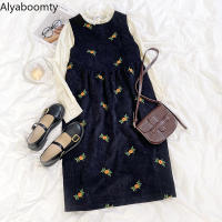 Japanese Mori Girl Spring Fall Women Tank Dress O Neck Black Floral Embroidery Baggy Sleeveless Dress Elegant Corduroy Sundress