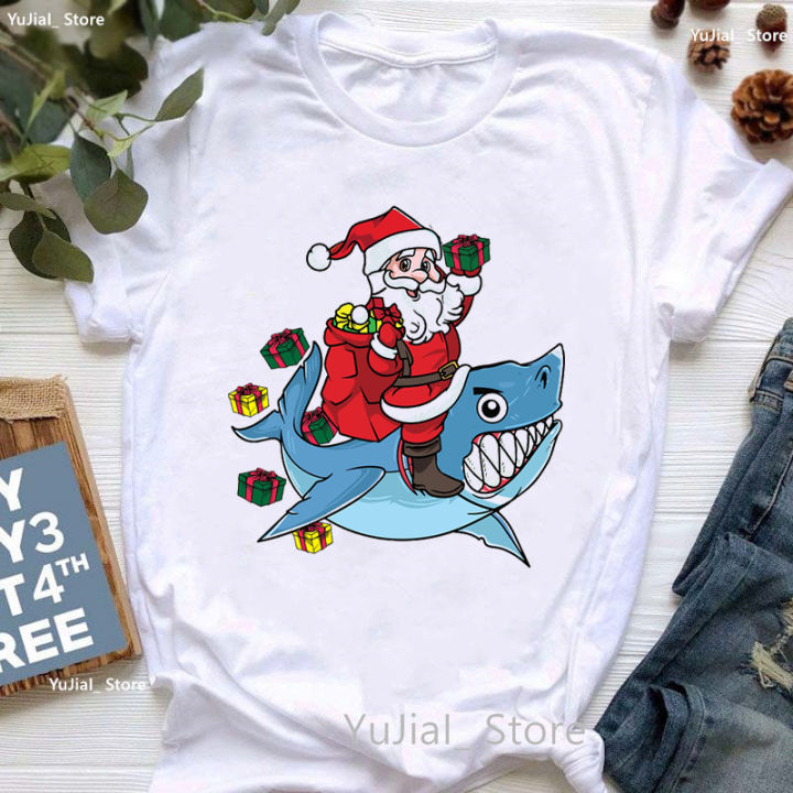 ซานตาคลอสขี่-a-dolphin-พิมพ์เสื้อยืดสาวสีขาวสบายๆของขวัญคริสต์มาสเสื้อยืด-f-emme-แฟชั่นแขนสั้นหญิงเสื้อยืด