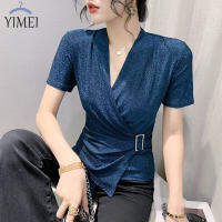 HOT”เสื้อยืดผู้หญิง YIMEI ที่มีการออกแบบประกายสายรัดข้อมือคอวีใหม่สำหรับฤดูร้อนปี2023แสดงอารมณ์ลดความอ้วนเสื้อยืดไม่สม่ำเสมอแขนสั้น