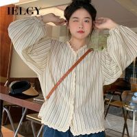 IELGY เสื้อแขนยาวคอวีสำหรับผู้หญิง,เสื้อแขนยาวลายทางคอวีเย็บลูกไม้หวานแหววว