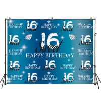 Blue Sweet 16 Birthday Photography Background Sixteen Birthday Party Backdrop Diamond Dessert Table Decor Props Banner W-5369