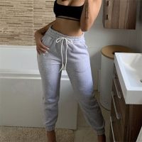 Women Sweatpants High Waist Casual Loose Stretch Pants Drawstring Long Pants Trousers Solid Gray