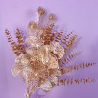 【hot】 Folhas douradas artificiais do ginkgo f￣ pl￡stico folhas eucalipto flores falsificadas casamento HOME decora￧￣o Natal