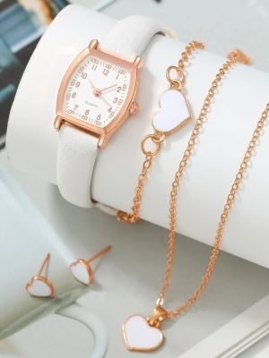 5ชิ้นนาฬิกาผู้หญิงใหม่สีขาว Fresh Niche Minimalist นาฬิกาข้อมือต่างหูสร้อยคอสร้อยข้อมือชุดของขวัญสำหรับสุภาพสตรี