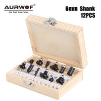 AURWOF 12pcs 6mm Shank Router Bit Set ตัดแต่งเครื่องตัดมิลลิ่งตรงเศษไม้ทังสเตนคาร์ไบด์ C06T12BBKW