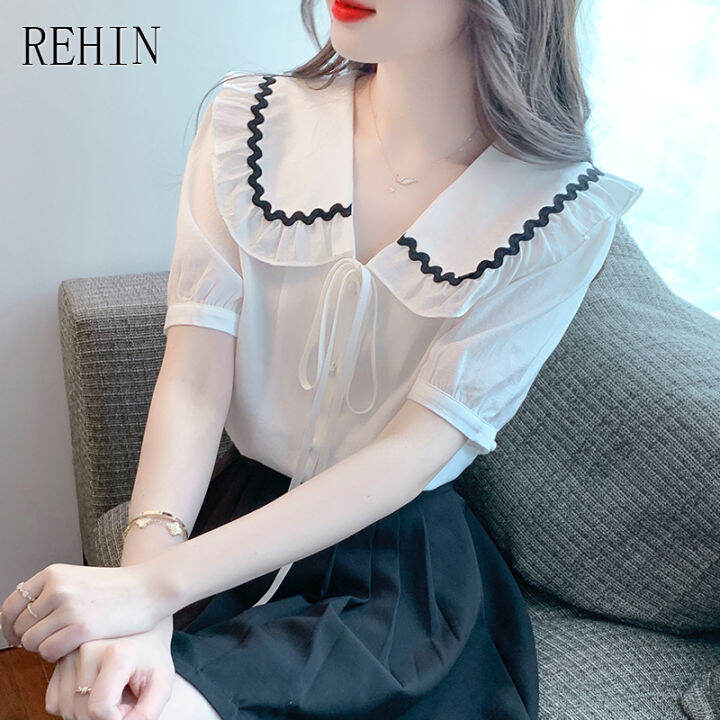 rehin-ผู้หญิงฤดูร้อนใหม่เกาหลีรุ่น-all-match-ตุ๊กตาคอ-splicing-สี-bow-tie-แขนสั้นเสื้อ-elegant-เสื้อ