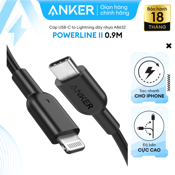 Cáp sạc ANKER PowerLine II Lightning to USB-C dài 0.9m – A8632 – Hỗ trợ sạc nhanh 18W cho iPhone 8 trở lên qua củ sạc PD hoặc PiQ 3.0