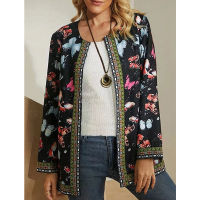 Autumn Winter  Cardigan Womens Vintage Ethnic Floral Printed Long Sleeve Tunic Jackets Ladies Loose Outerwear Chic Top Coat