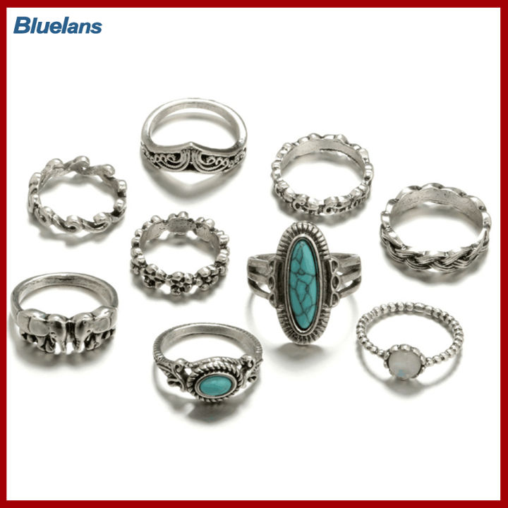 Bluelans®ห่วงแหวนสนับมือเล็กเทอร์ควอยซ์เทียมรูปช้างลายดอกไม้แนวโบโฮ9ชิ้น/เซ็ต