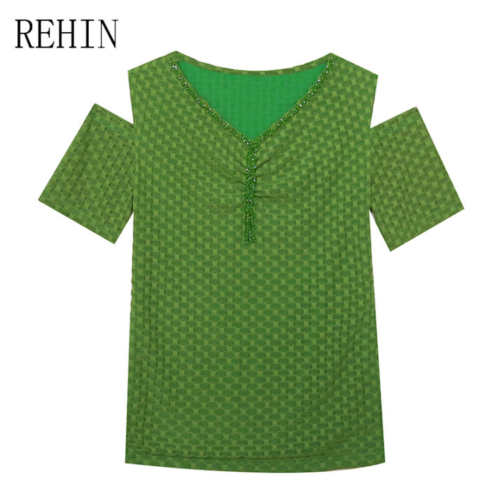 rehin-เสื้อยืดคอวีแขนสั้นผู้หญิง-เสื้อยืดคอวีจับจีบเปลือยไหล่ลูกปัดเข้ารูปพอดีฤดูร้อน