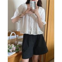 ✸♧❀ 51032 Hollow Flower Ruffled Collar Sweet Short-Sleeved Shirt Summer White Small