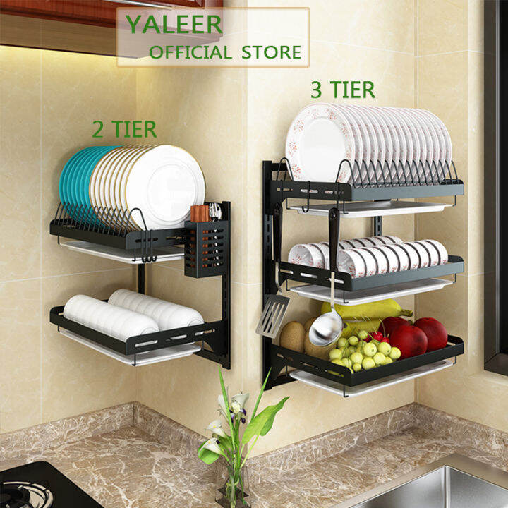 YALEER Wall Dish Rack Storage Hanging 2/3 Tier Stainless Steel Dish ...