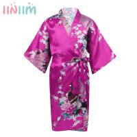 iiniim Kids Girls Peacock Flower Printed Satin Kimono Robe Bathrobe Nightgown Sleepwear for Spa Party Wedding Birthday Robes