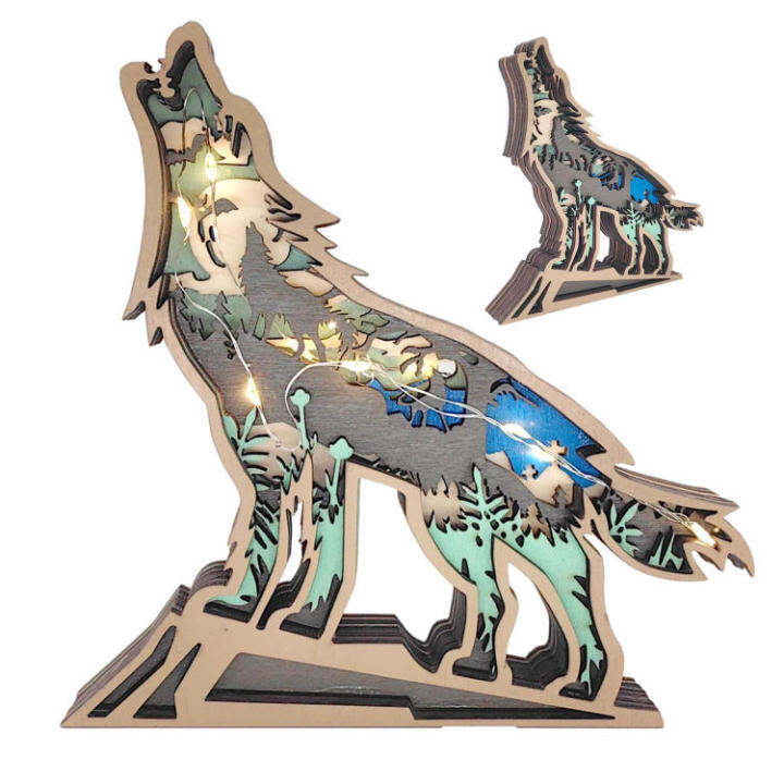 Wolf Statue Decor Wood Animal Wolf Sculpture 3D Handcrafted Animal
