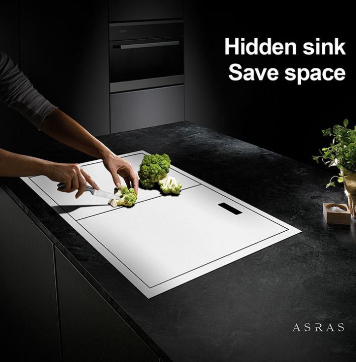 asras-6047y-3060-sus304ซิงค์ล้างจานทำมือซ่อนอ่างล้างจานสองฝาปิดdrainerและtelescopic-tap
