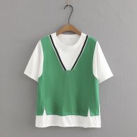 【มีไซส์ใหญ่】Plus Size XL-4XL Womens Short Sleeve Patchwork Summer T-shirts Oversized Casual A-line Female Tops Fashion Black Green Top