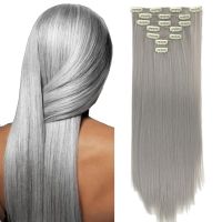 Soowee 7PCS SET Synthetic Hair Long Straight Curly Clip In Hair Extensions Gray Hairpiece Fake Hair Clip Ins Extensiones Wig  Hair Extensions  Pads